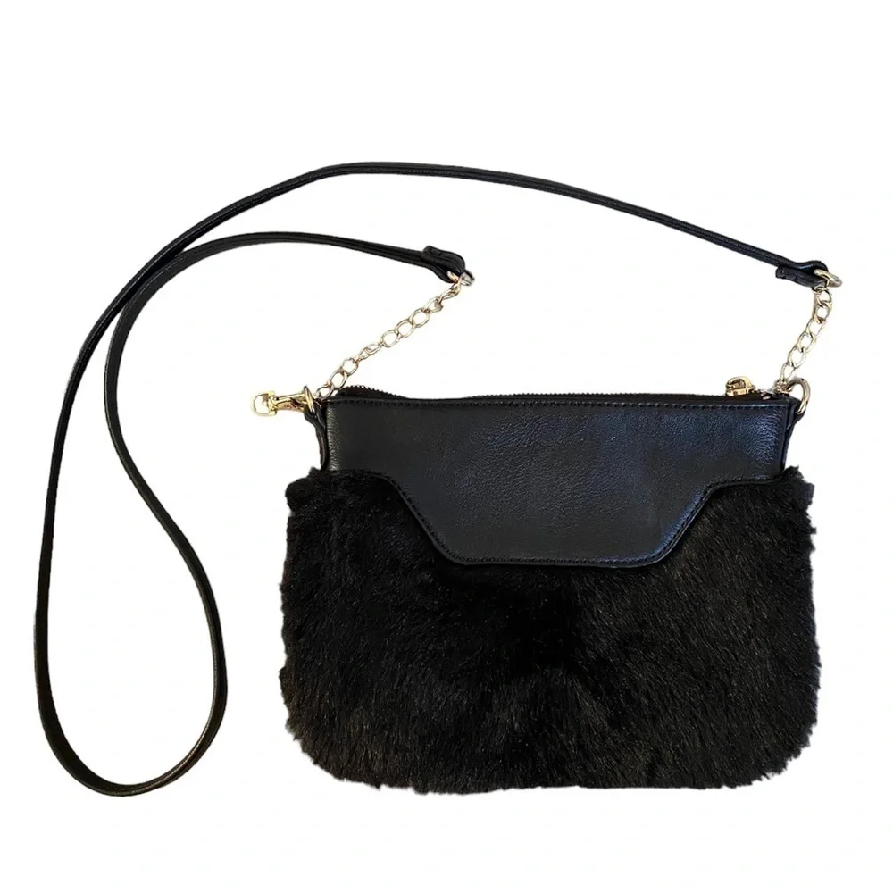 INC International Concepts Black Faux Fur Crossbody Bag